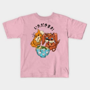 Cute cat and dog eating ramen noodles Kids T-Shirt